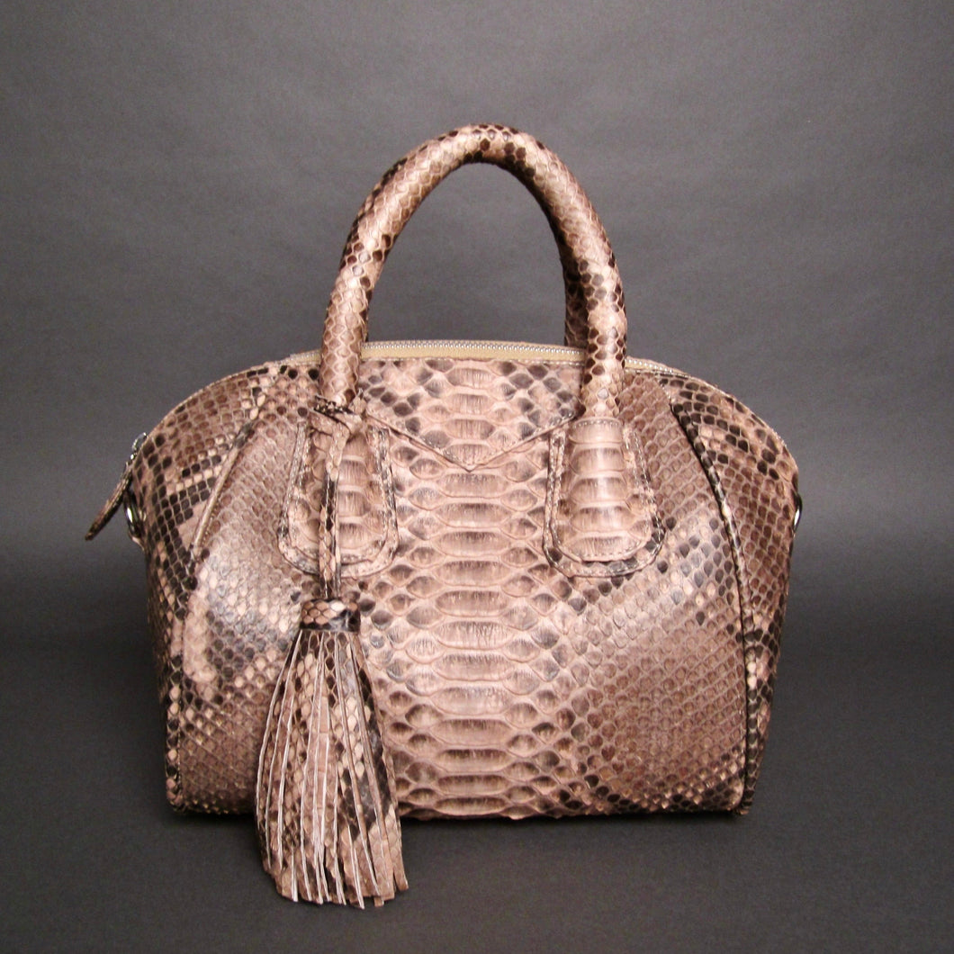 Tan Beige Motif Python Leather Satchel Handbag