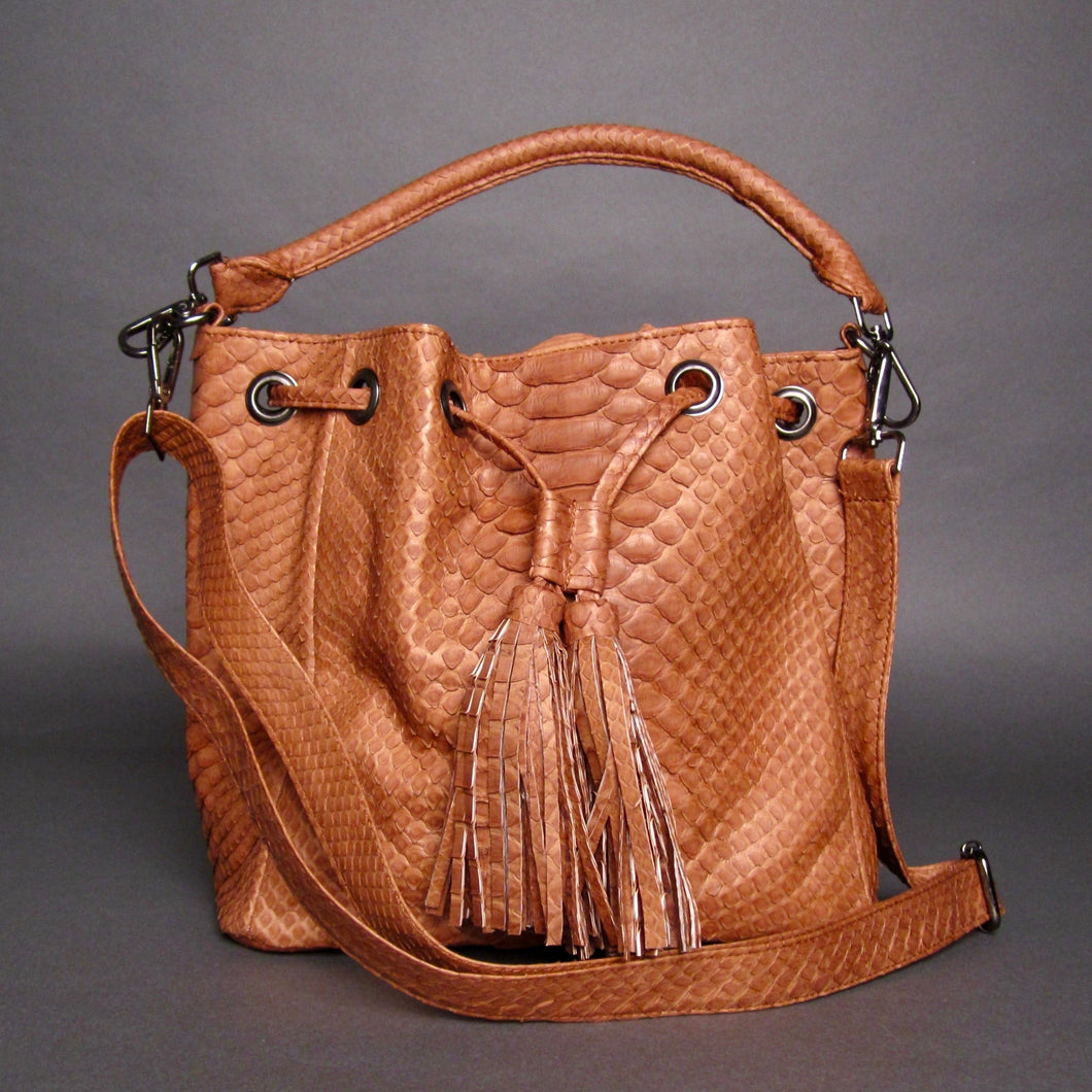 Brown Caramel Snakeskin Leather Bucket Shoulder bag