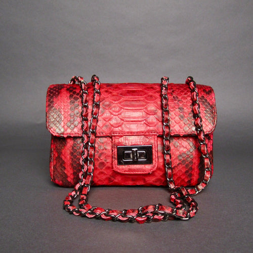 Red and Black Python Snakeskin Leather Shoulder Flap Bag - LARGE