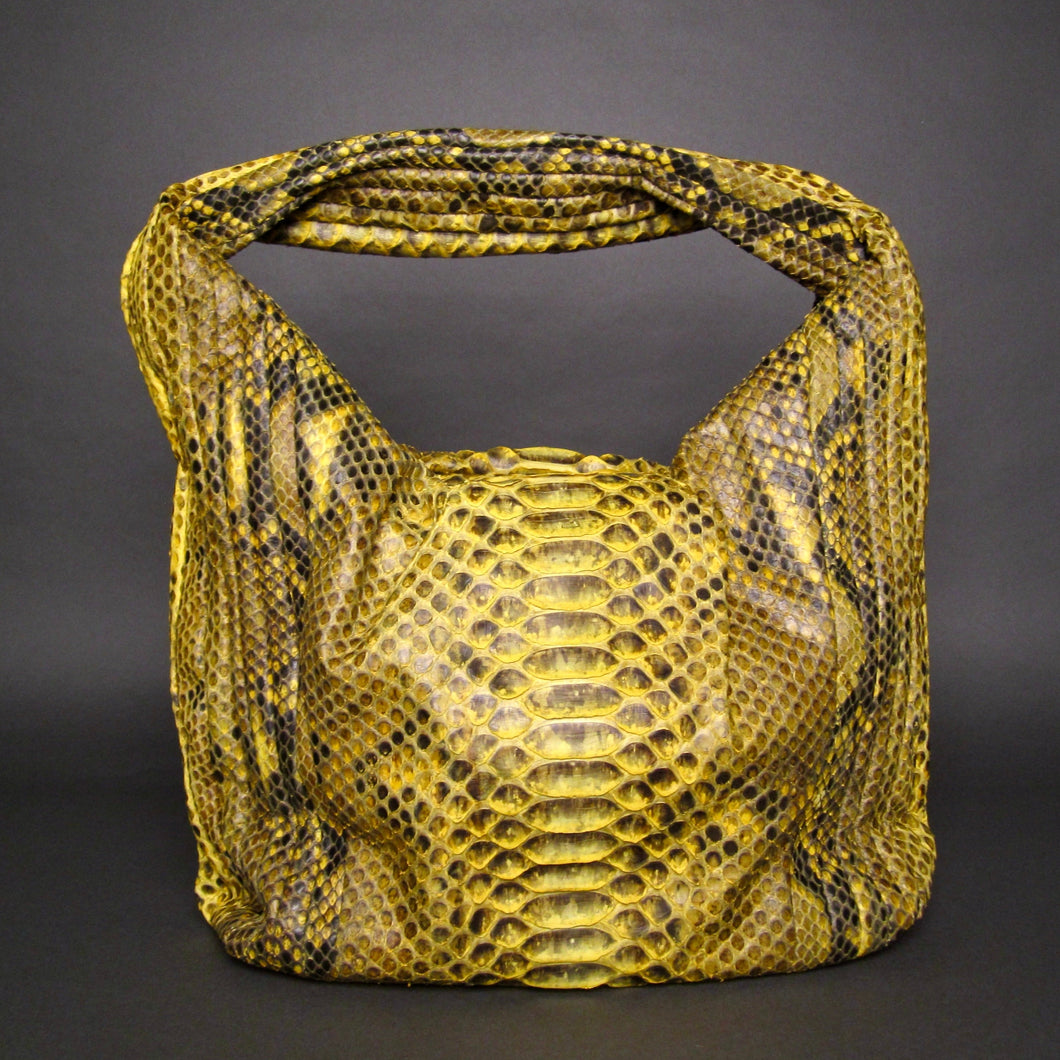 Yellow and Black Python Snakeskin Leather Large Hobo Bag