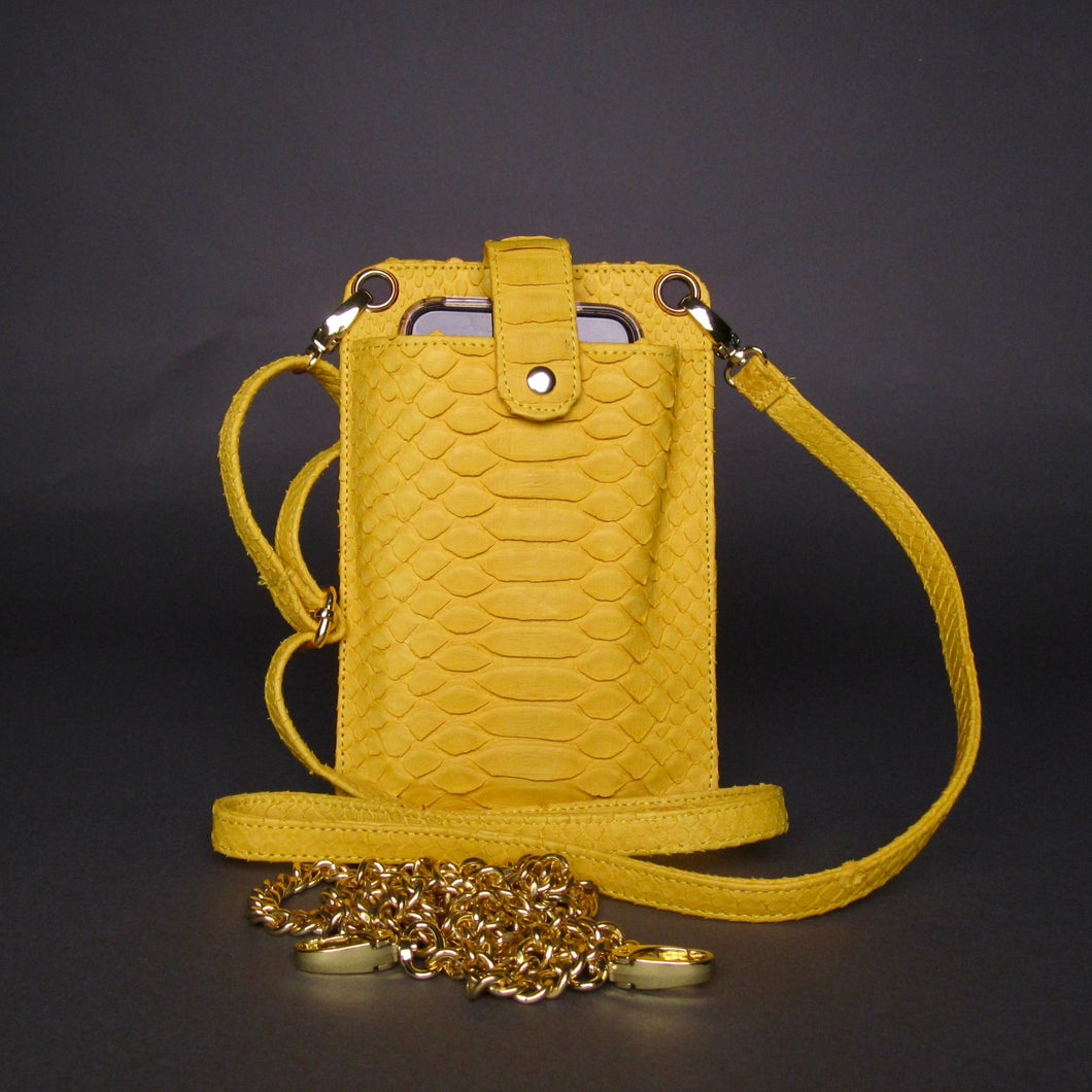 Yellow python leather cellphone holder crossbody bag
