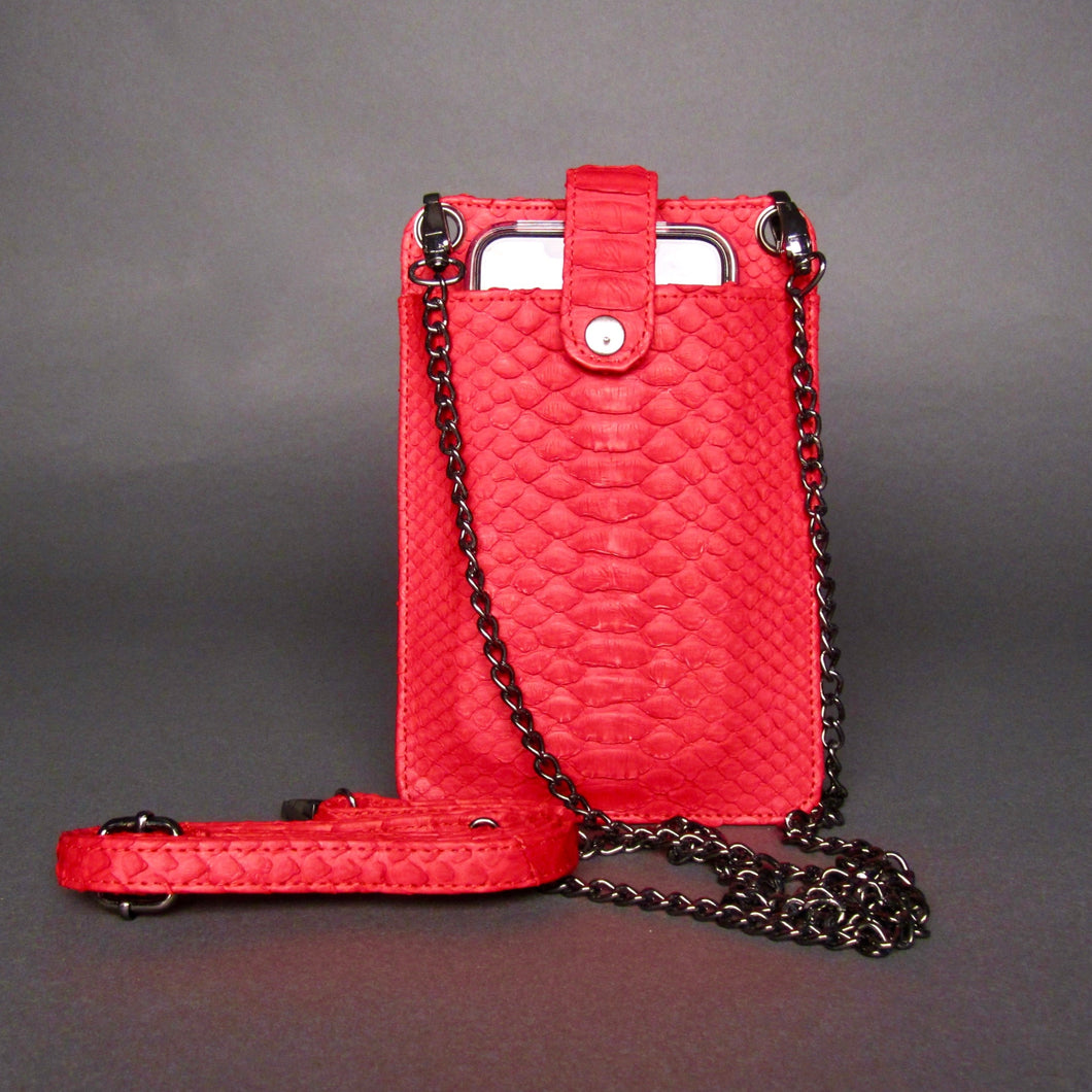 Red python leather cellphone holder crossbody bag