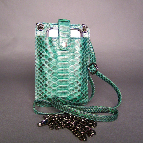 Green python leather cellphone holder crossbody bag