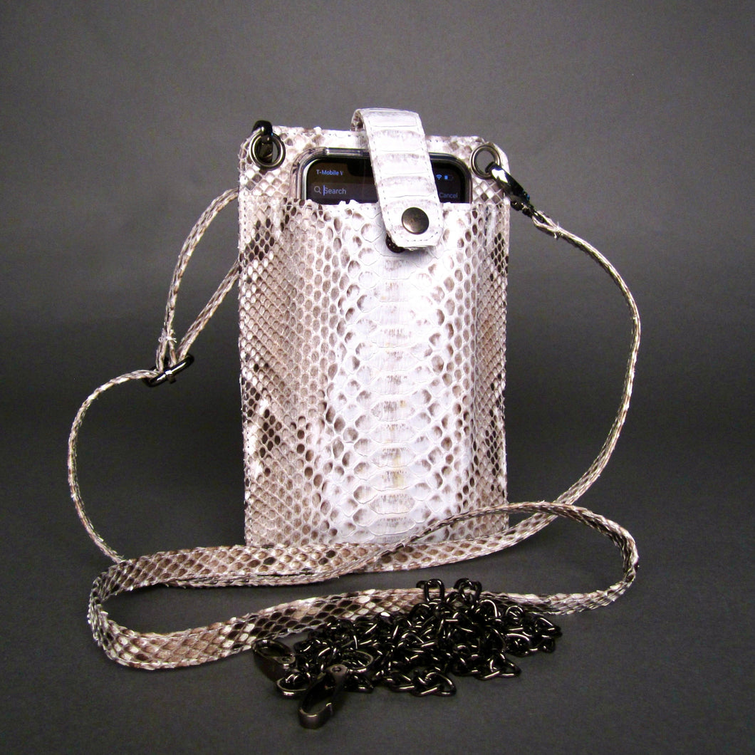 Natural white python leather cellphone holder crossbody bag