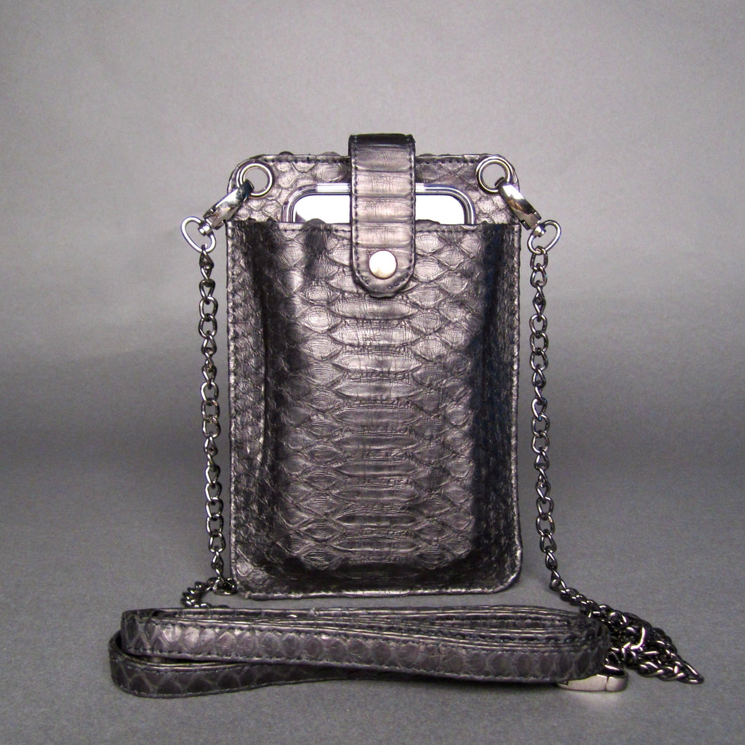 Black python leather cellphone holder crossbody bag