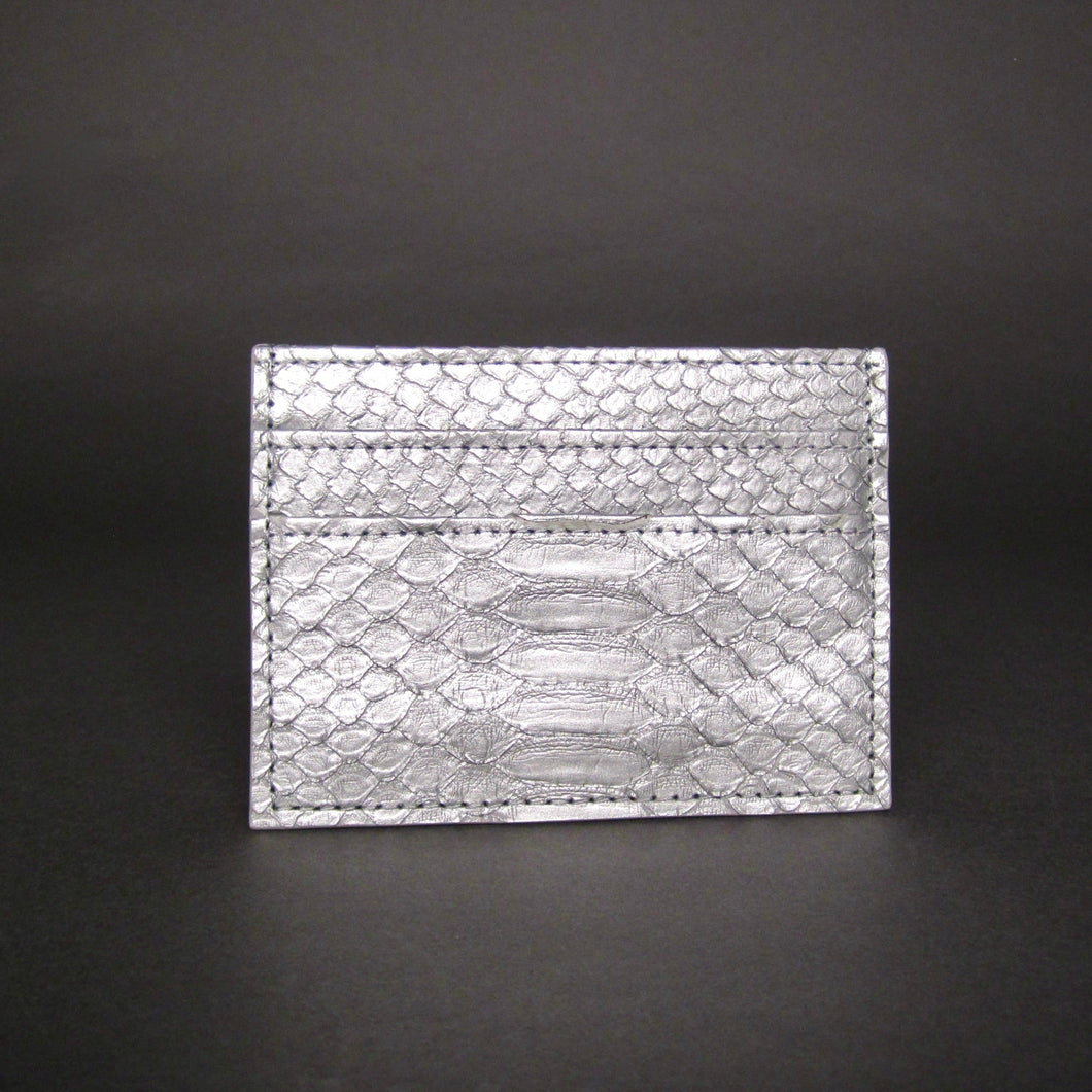 Metallic Silver Python Leather Slot Card Holder
