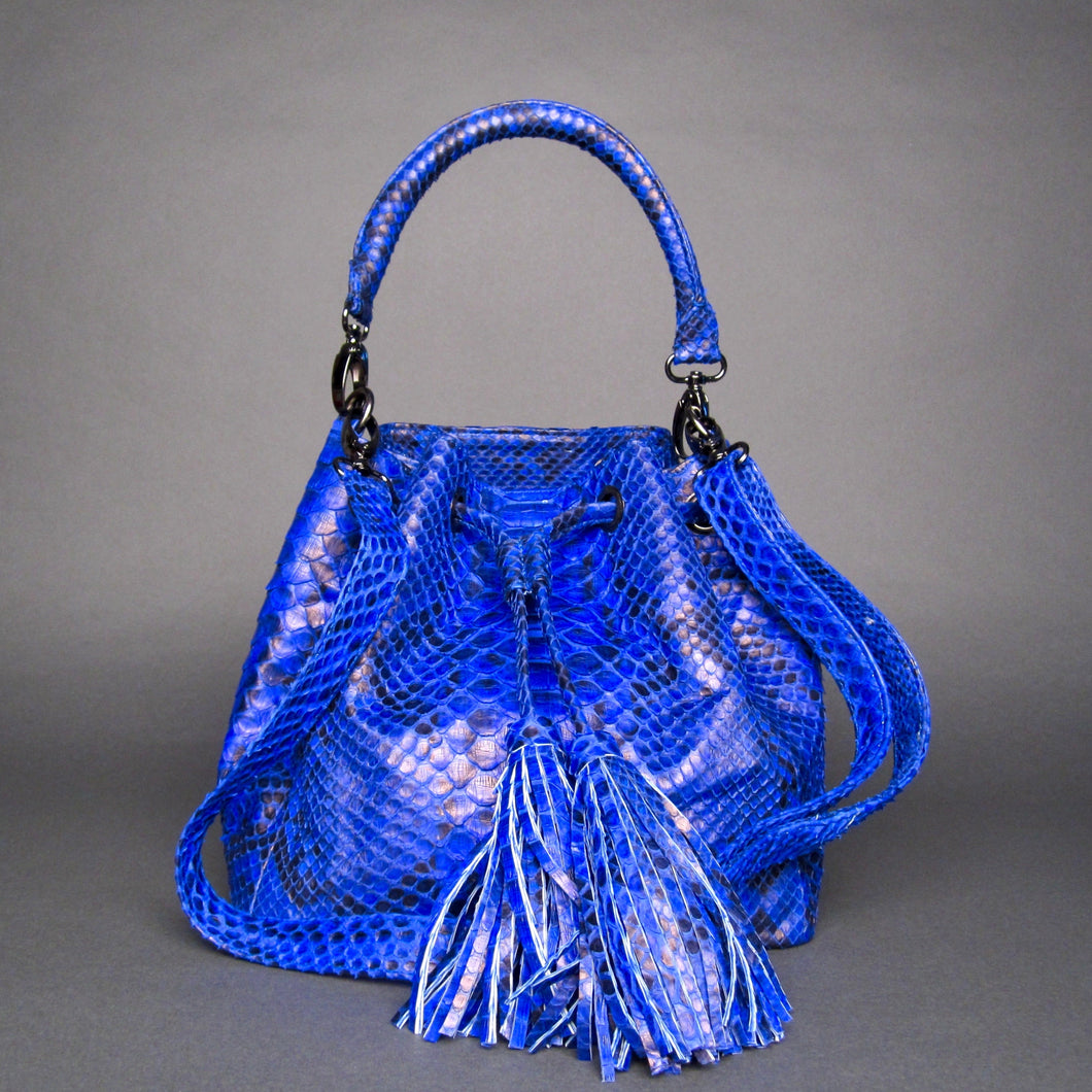 Blue Cobalt Python Leather Bucket Shoulder bag