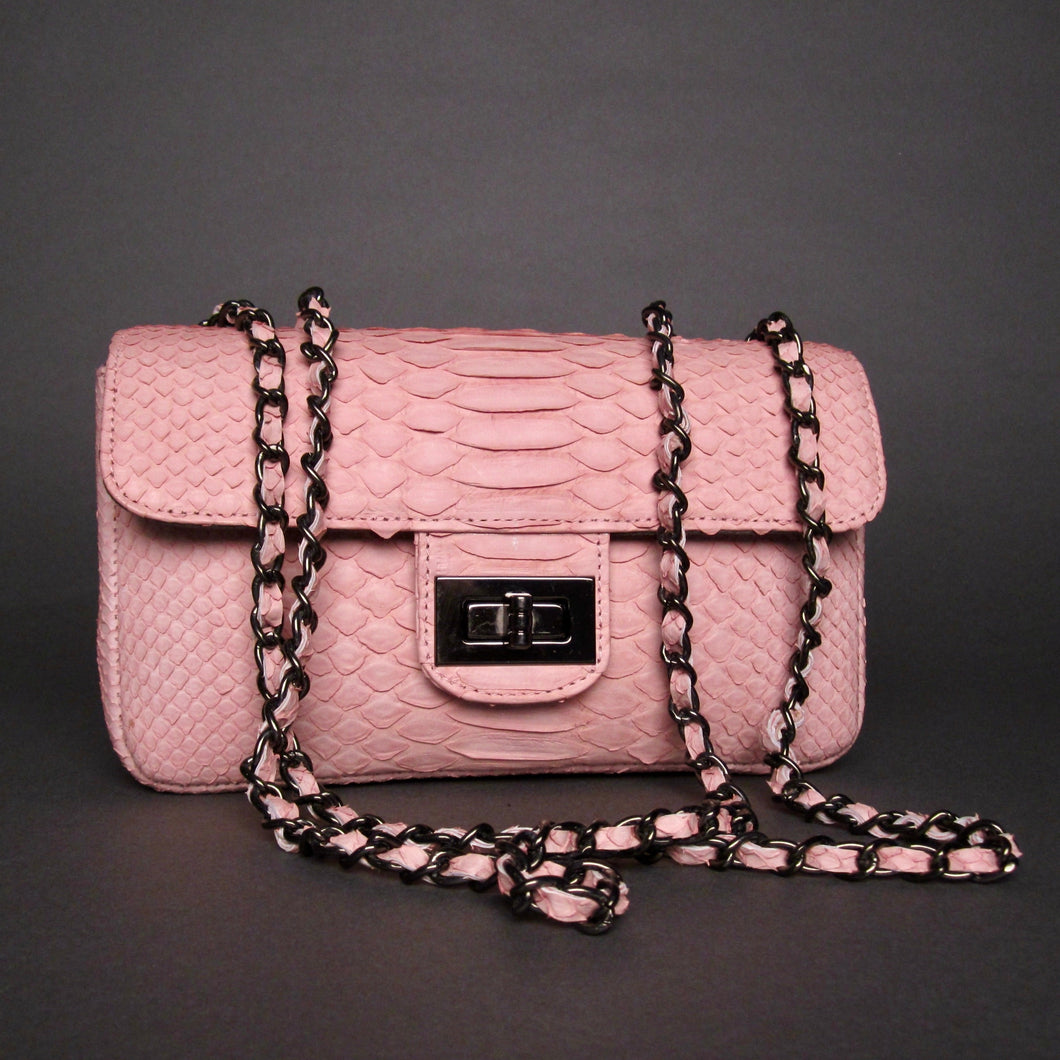 Light Pink Python Leather Shoulder Flap Bag - LARGE