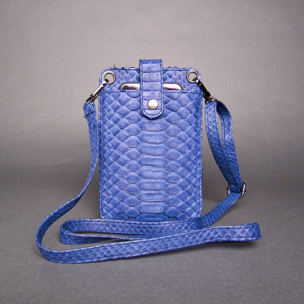 Blue python leather cellphone holder crossbody bag