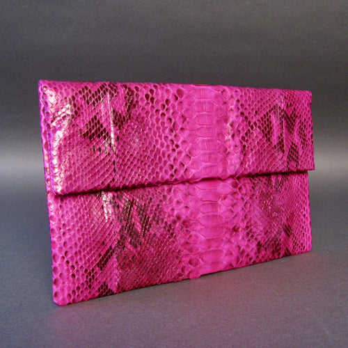 Fuchsia Pink Motif  Python Leather Clutch Bag
