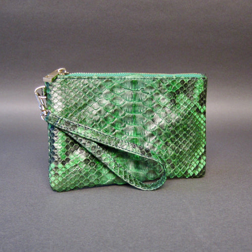 Green Motif Python Leather Wristlet Clutch Bag