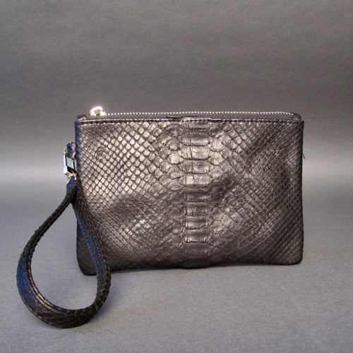 Black Python  Leather Wristlet Clutch Bag